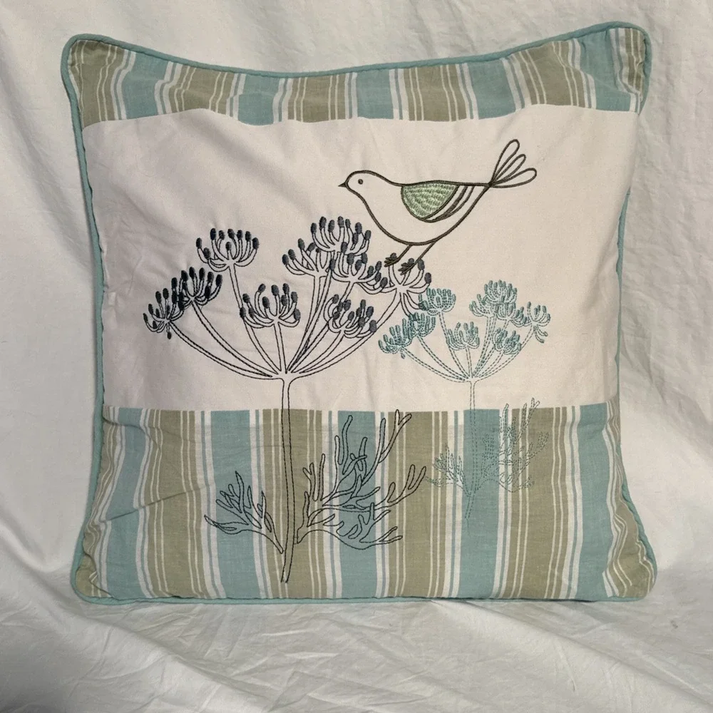 Embroidered  Bird On a Plant Throw Pillow Blue & Green With Tie Closure